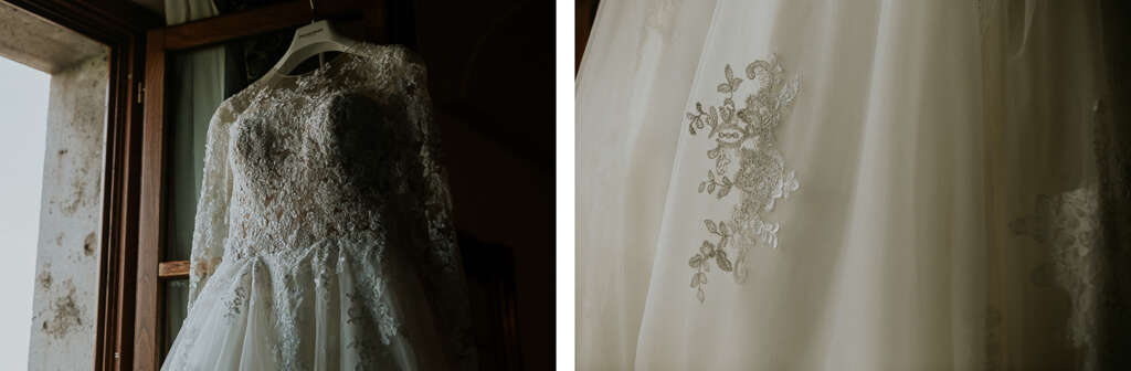 dettagli del vestito della sposa alla finestra