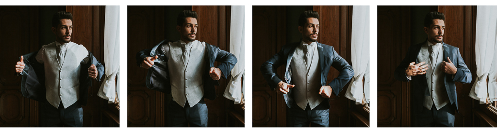 lo sposo indossa la giacca per il destination wedding
