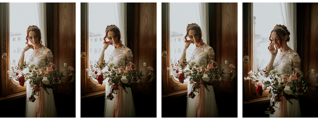 la sposa sorridente col suo bouquet