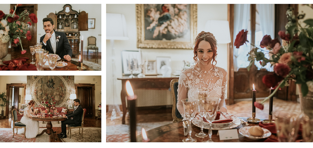 gli sposi sorridono al tavolo