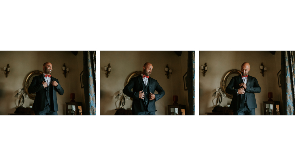 sposo abbottona la giacca del vestito