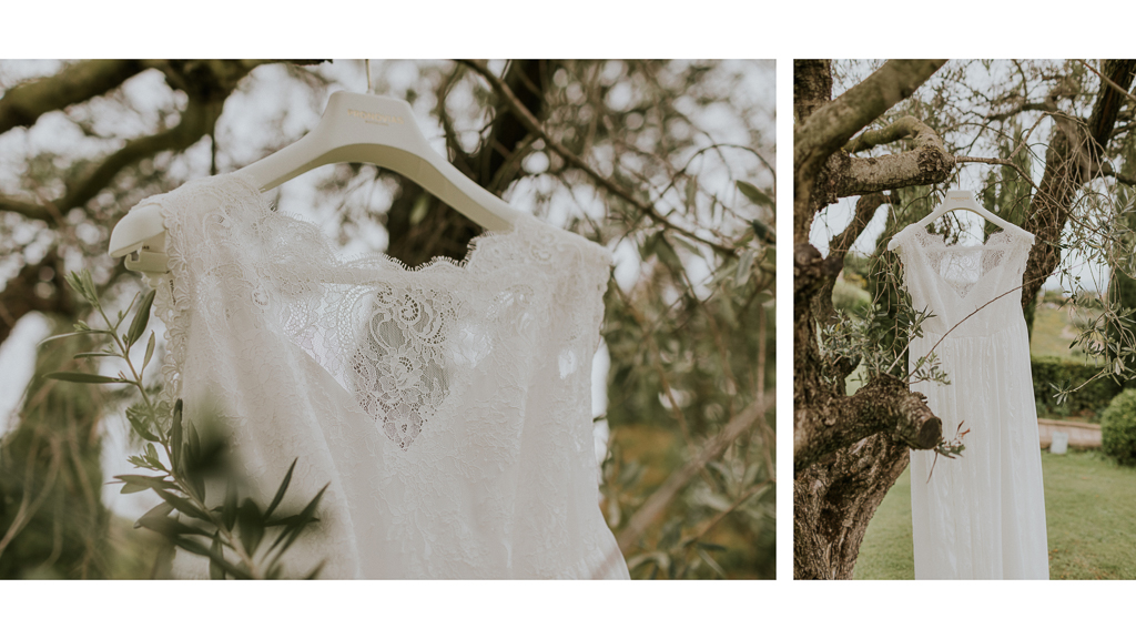 dettagli del vestito della sposa in giardino