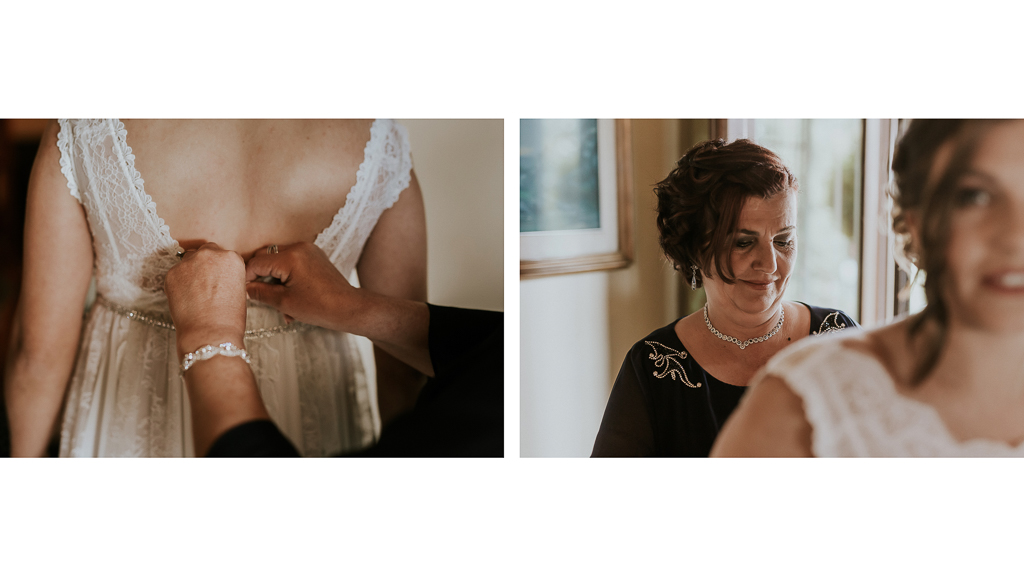 la mamma chiude il vestito della sposa