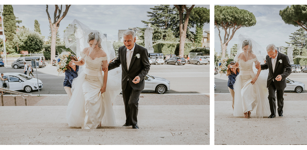 la sposa si avvicina in chiesa con il papà