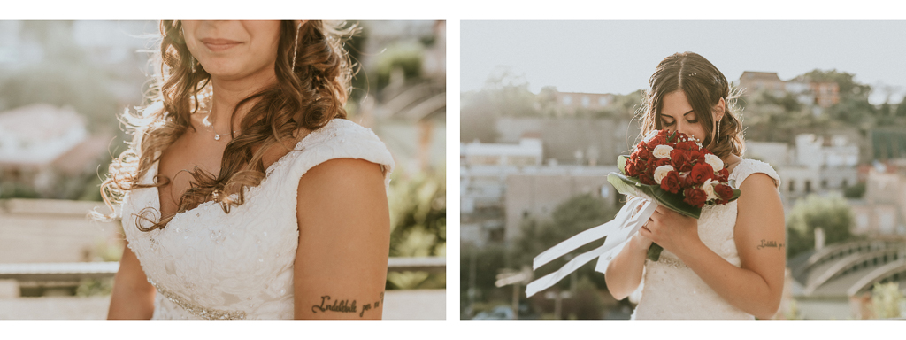 dettagli della sposa col bouquet al tramonto