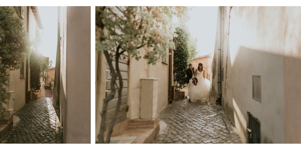 sposi per i vicoli di formello al tramonto