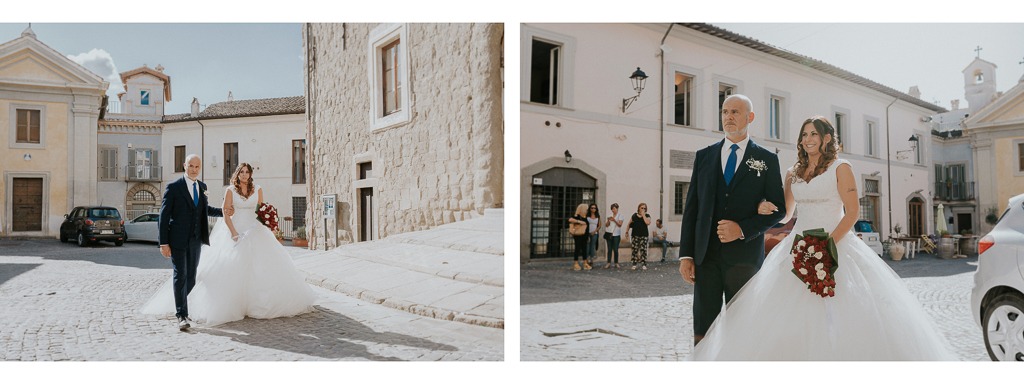 la sposa con il papà arrivano in chiesa San Lorenzo Martire a formello