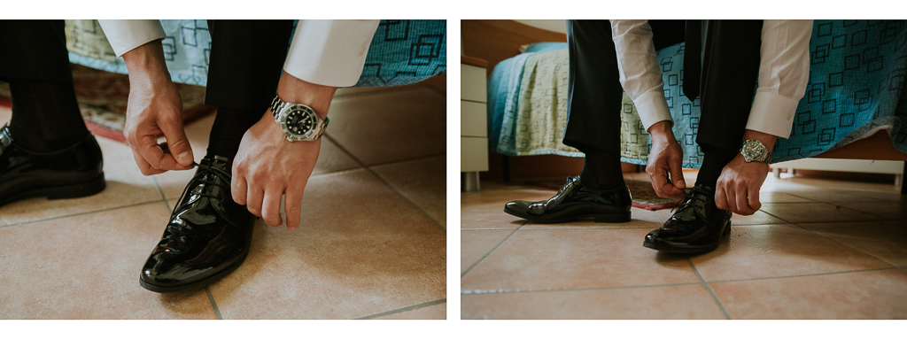 lo sposo si allaccia le scarpe