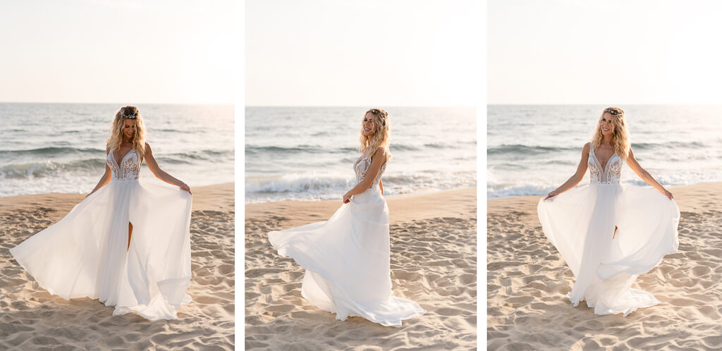 la sposa sulla spiaggia al tramonto