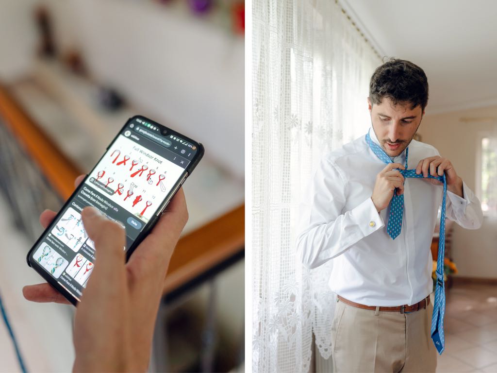 lo sposo controlla sul telefono come fare il nodo alla cravatta